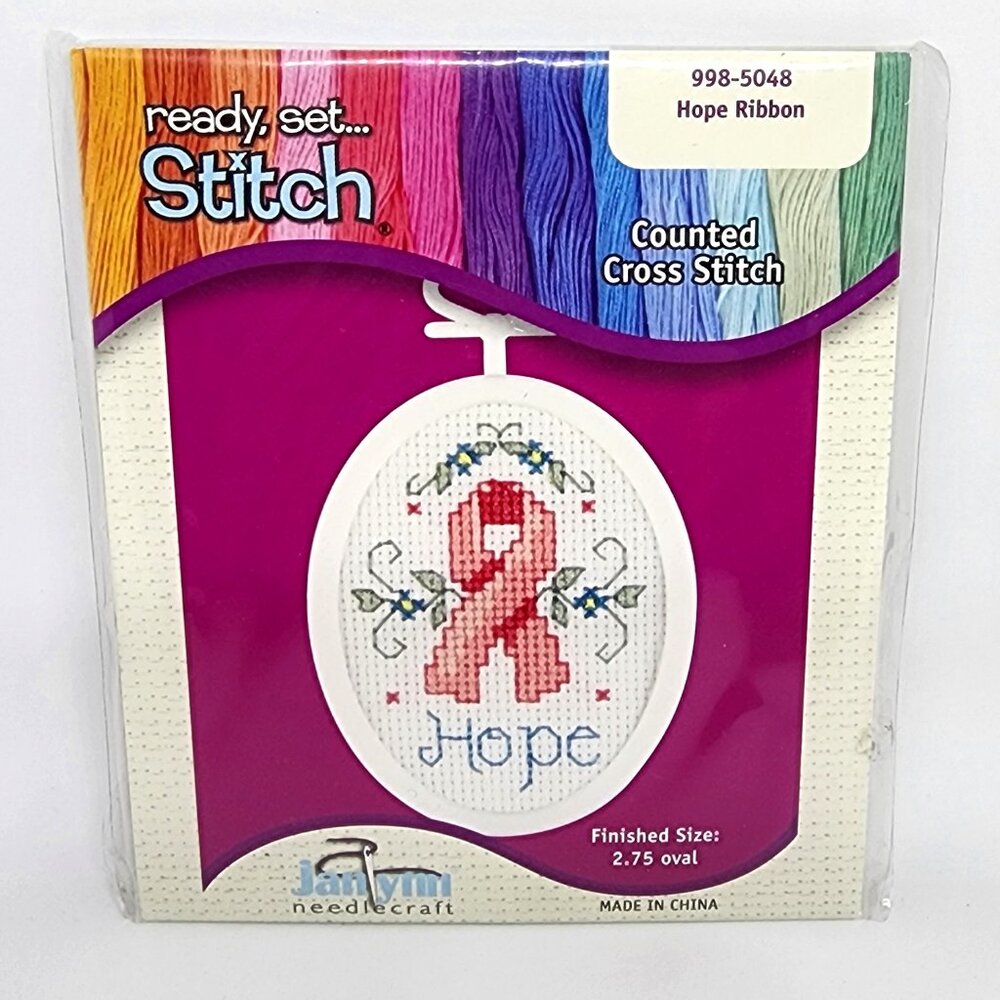 DIY Cancer Pink Hope Ribbon #998-5048 Counted Cross Stitch Janlynn Oval Picture